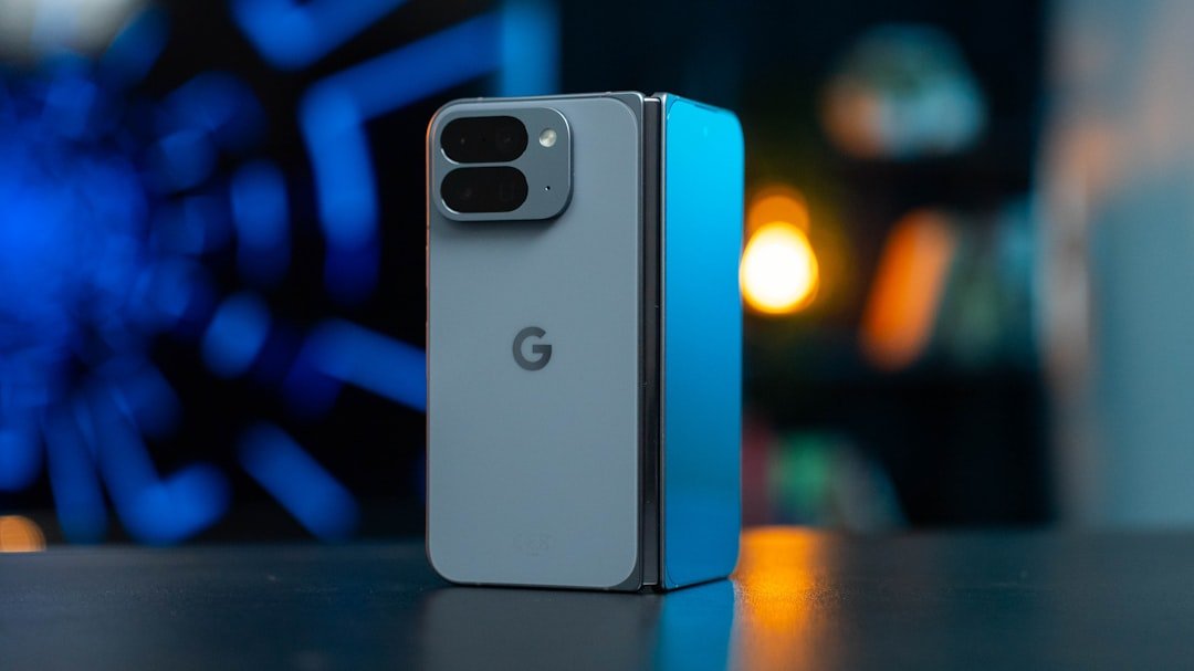 A closed google foldable phone with a dual camera